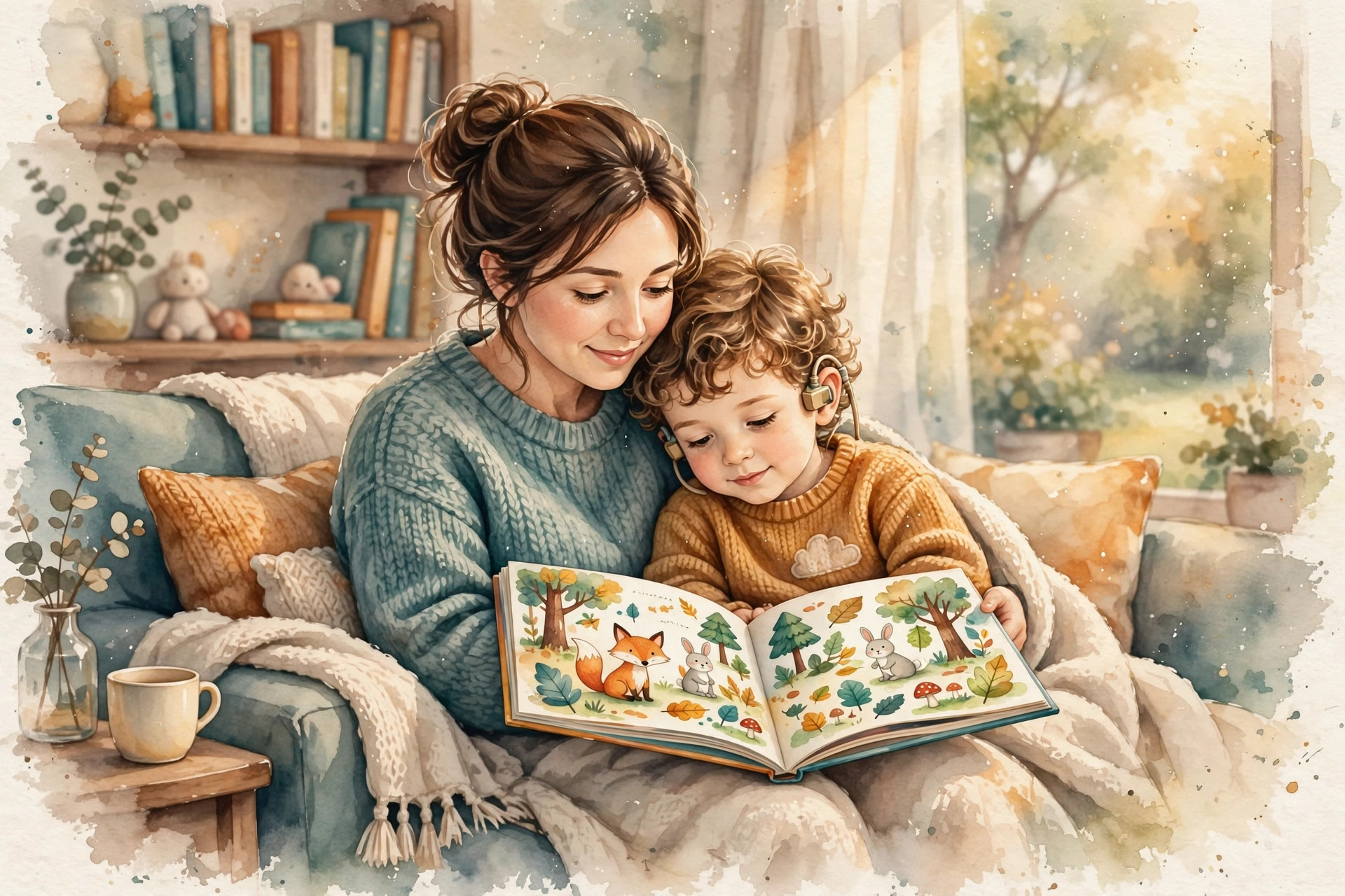 A mother reading a picture book with her young child, who wears a cochlear implant processor